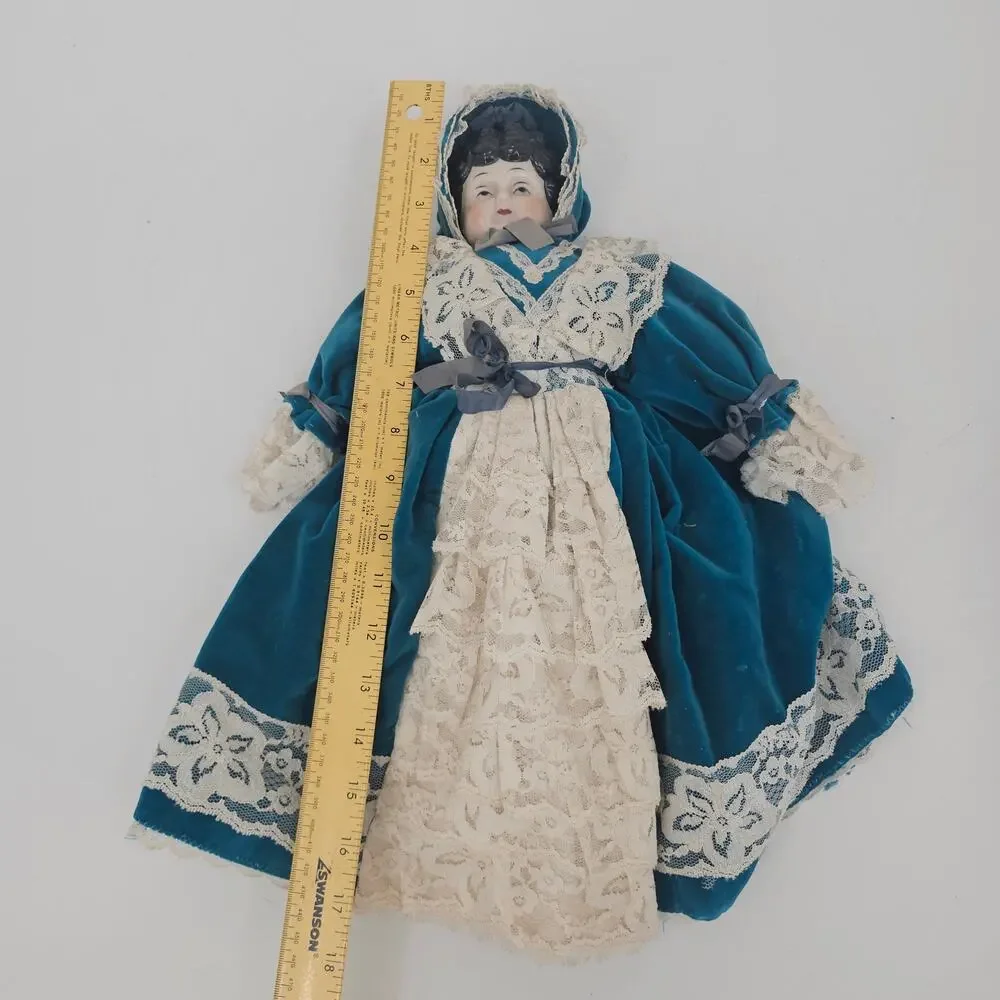 Rare Fine China Head Doll Blue Victorian Velvet & Lace Dress Circa 1980s 17